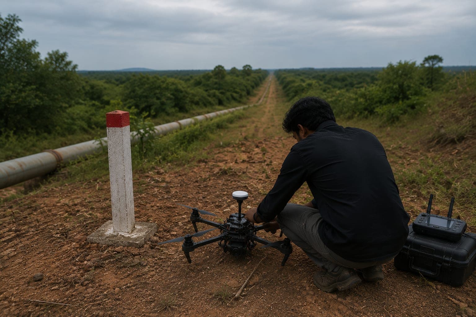 An engineer field-testing a drone beside a pipeline right-of-way