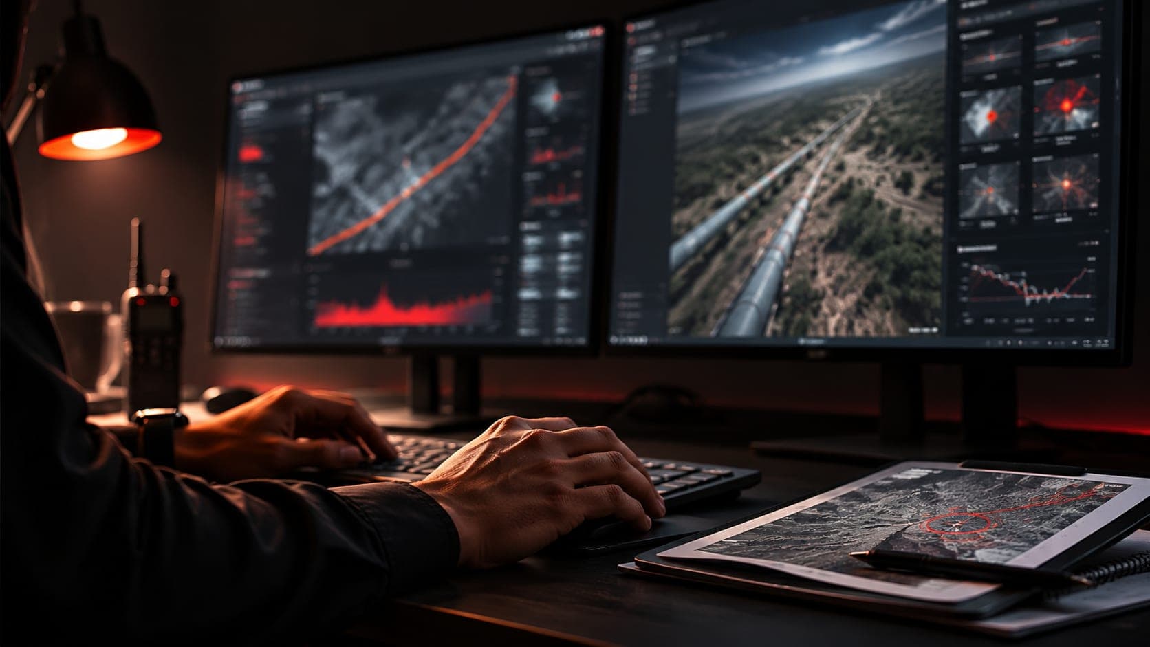 An engineer's hands working at a desk, reviewing inspection evidence across two monitors