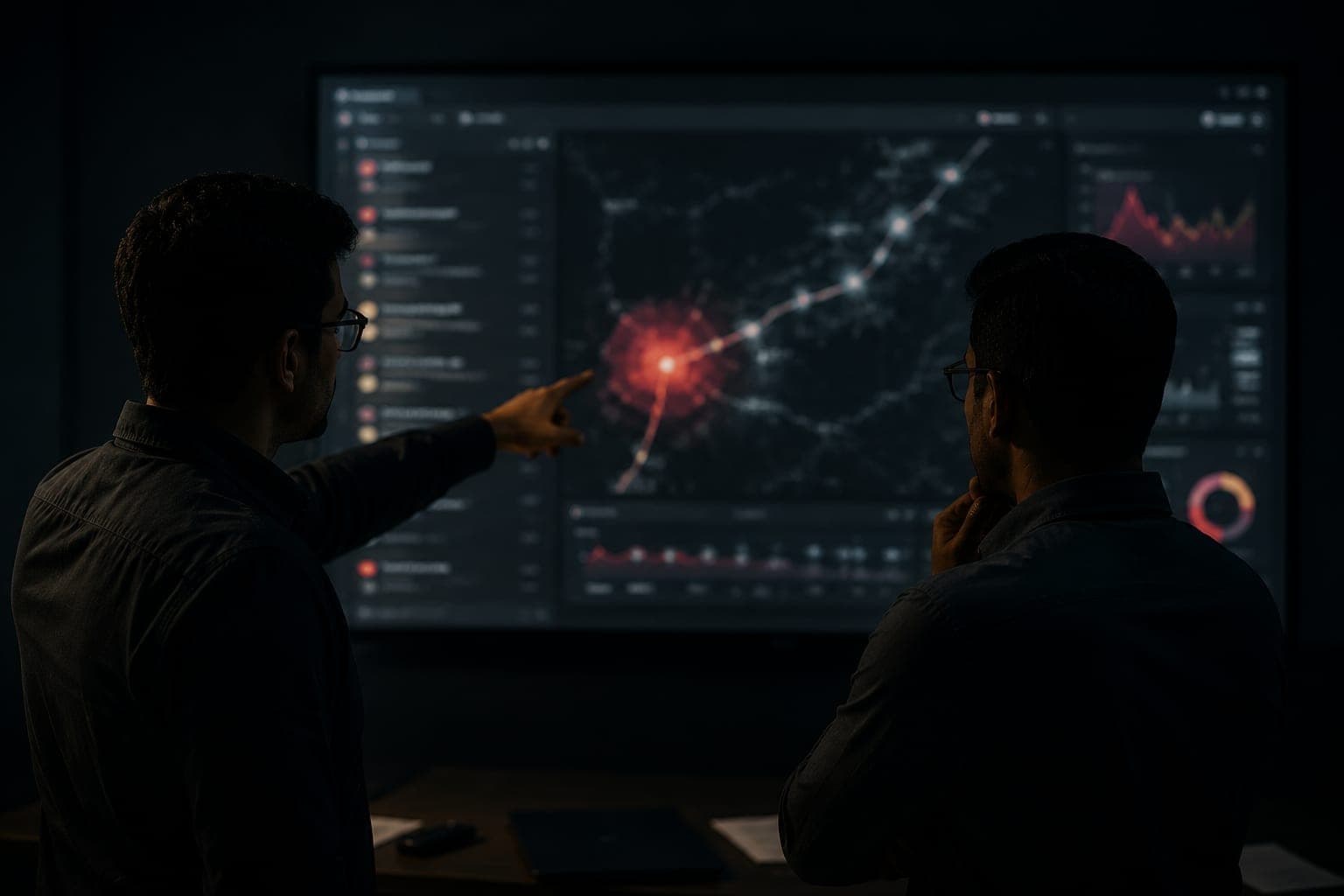 Two engineers reviewing a risk-ranked finding on a large wall-mounted screen